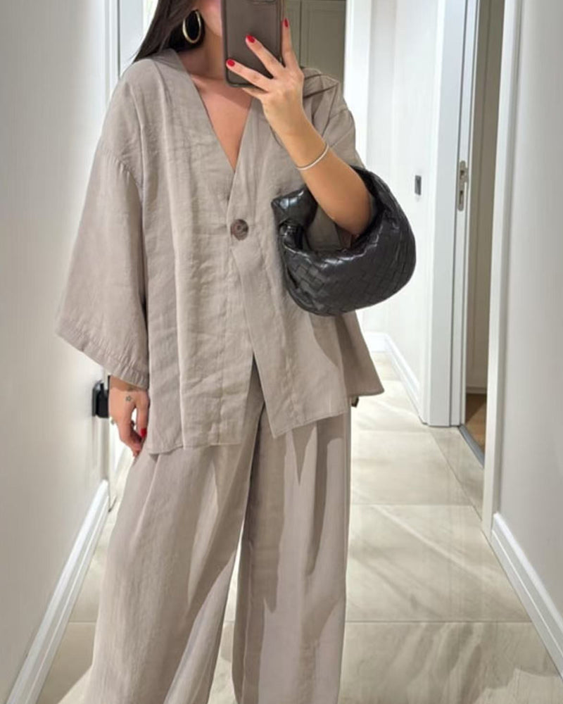 Casual V-Neck Top & Pants Two-Piece Set
