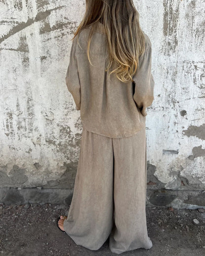 Casual Solid Shirt & Wide Leg Two-Piece Set