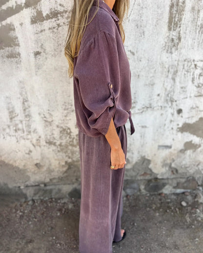 Casual Solid Shirt & Wide Leg Two-Piece Set
