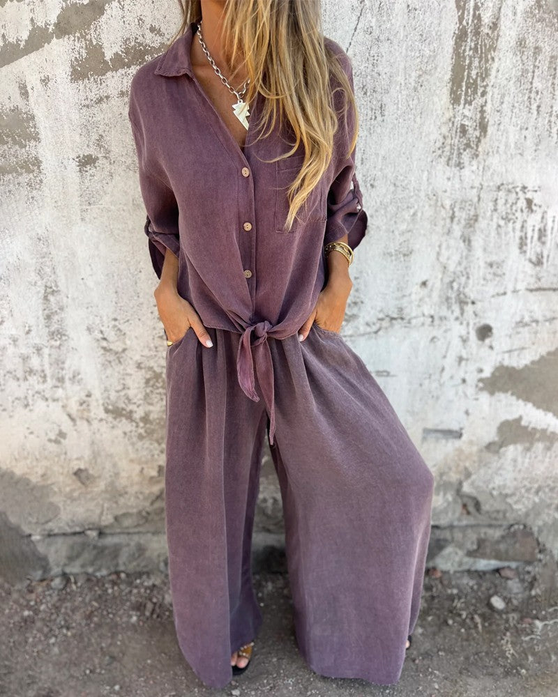 Casual Solid Shirt & Wide Leg Two-Piece Set