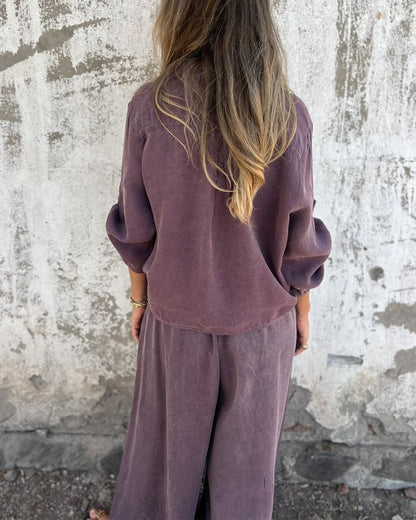 Casual Solid Shirt & Wide Leg Two-Piece Set